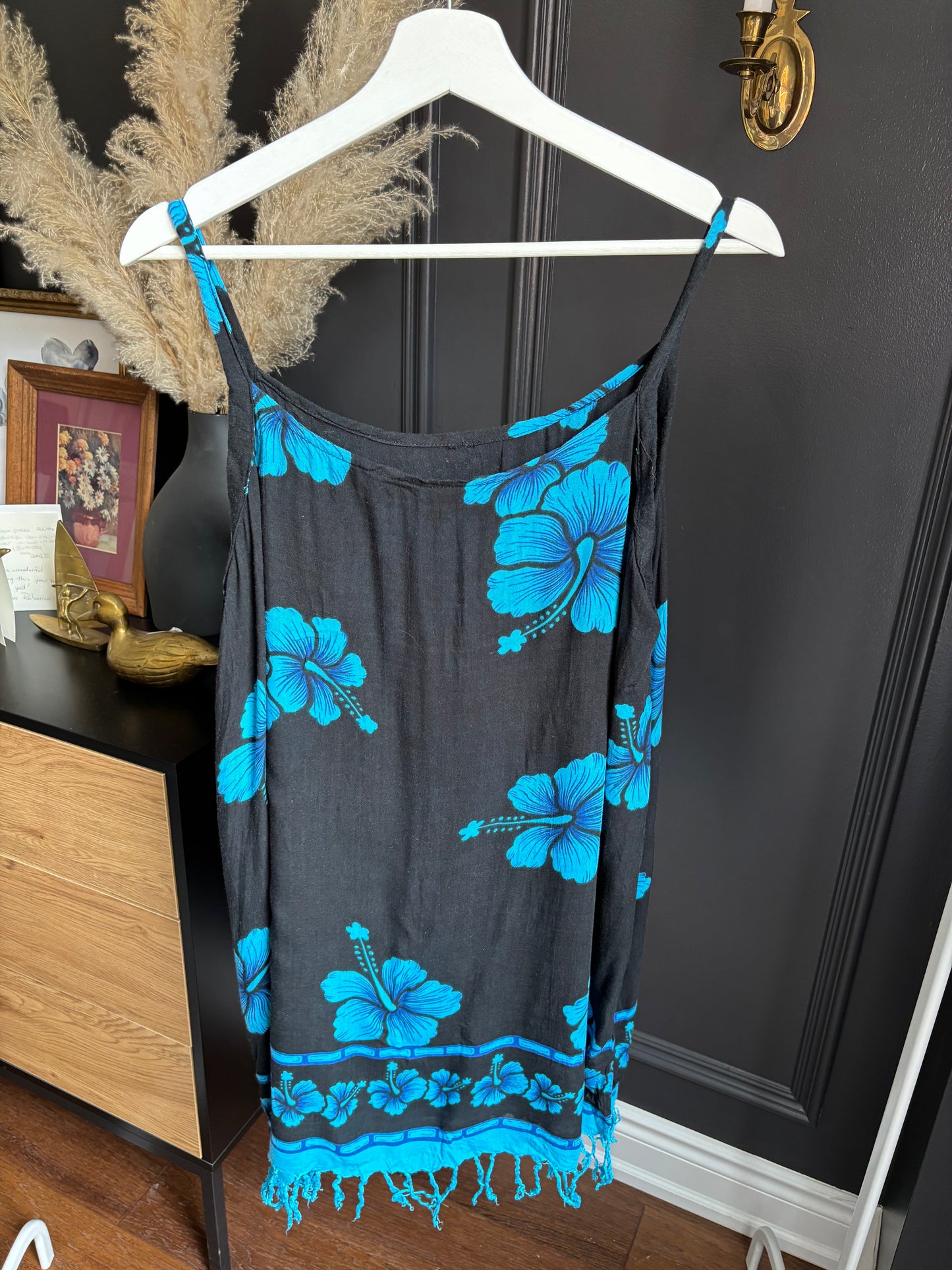 90's Black & Blue Hibiscus Beach Dress Size L