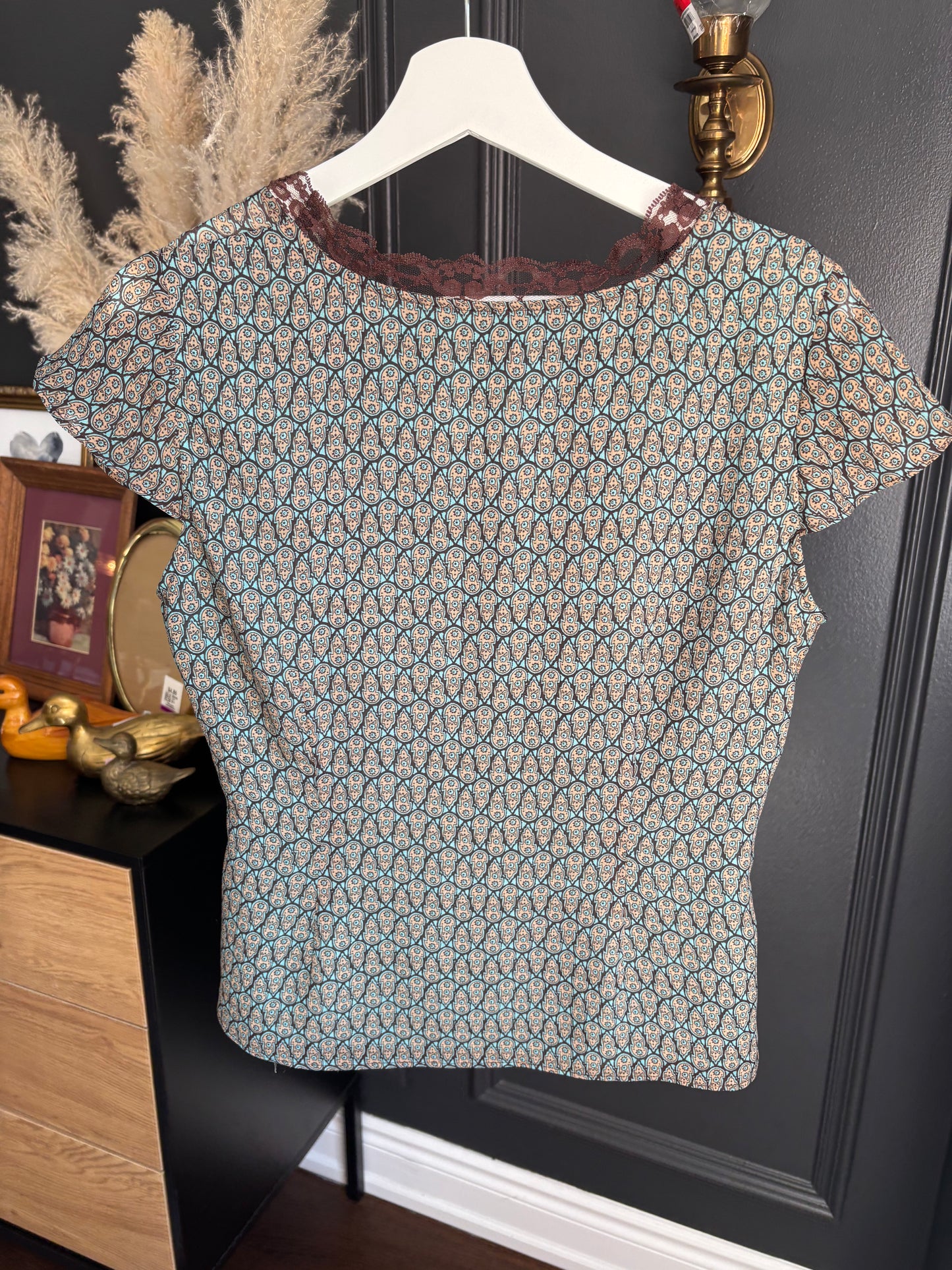 Brown Lace Trim Wrap Top Size S