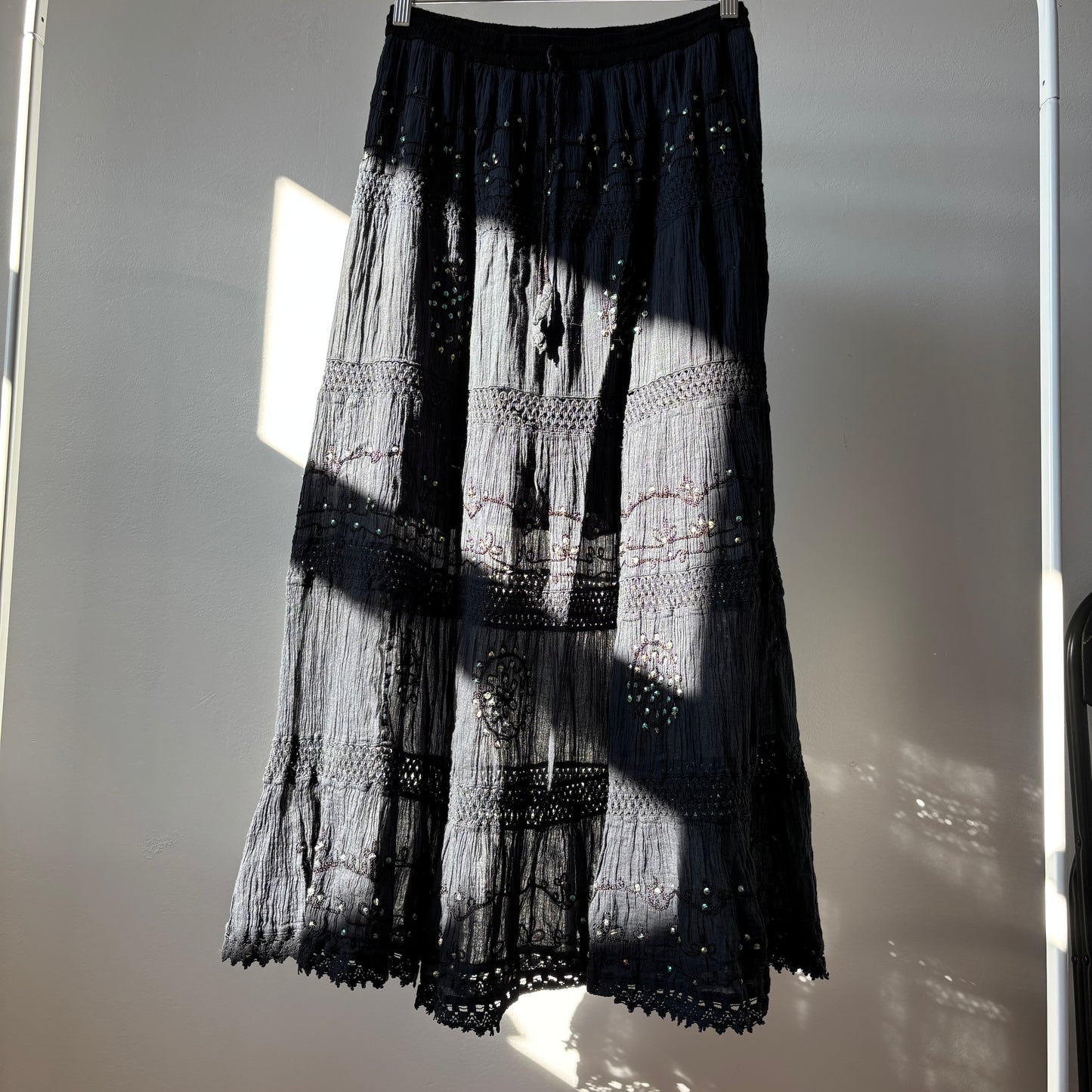 Black Vintage Boho Sequin Maxi Skirt