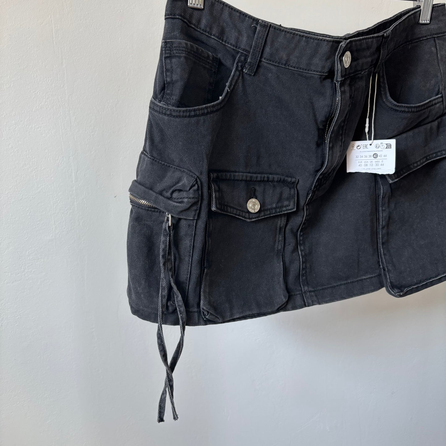 Black Denim Cargo Mini Skirt