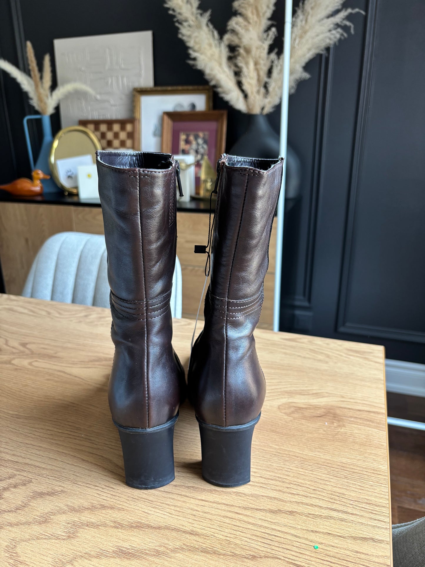 Brown Leather Square Toe Boots Size 38