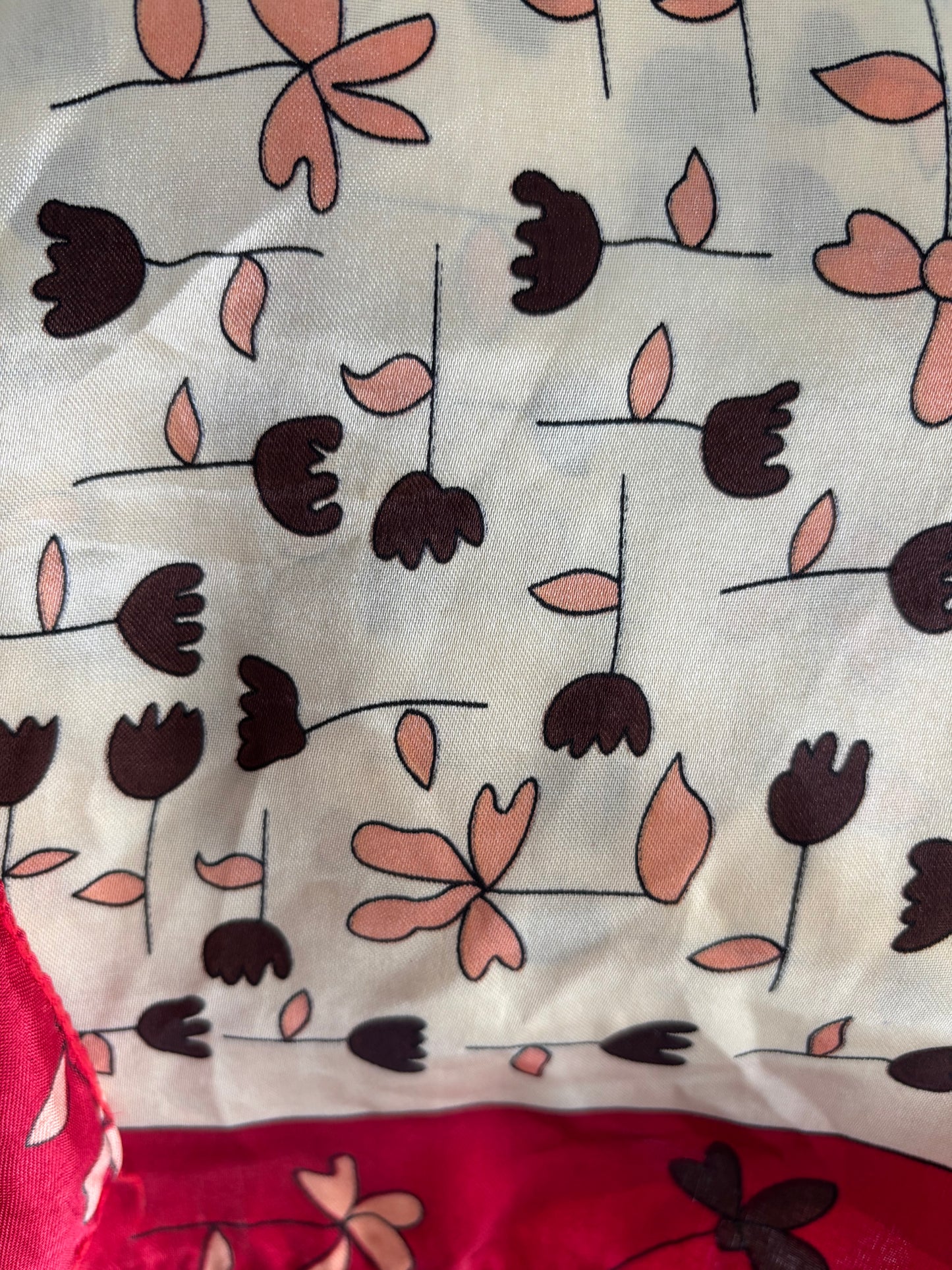 Red Trim Floral Satin Scarf