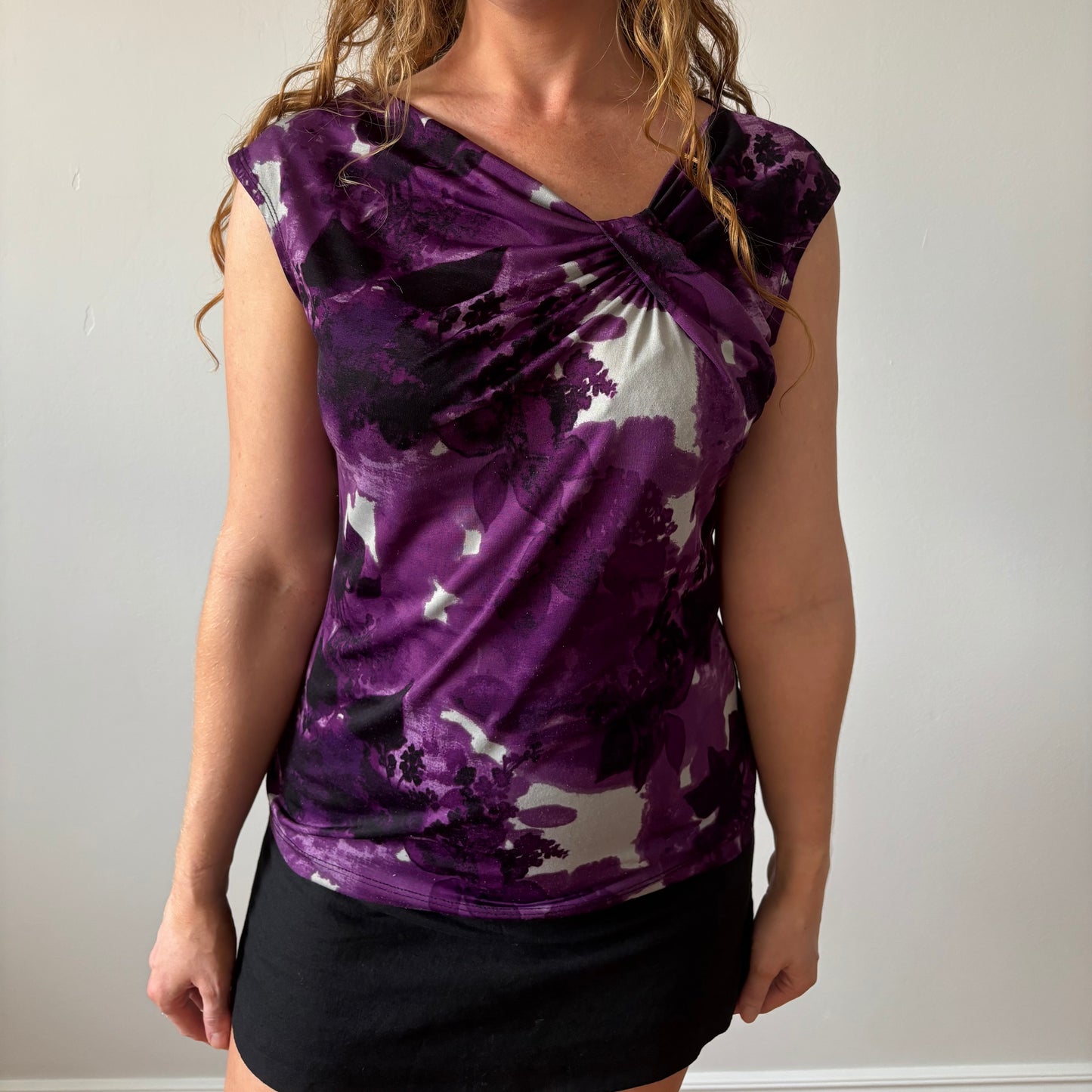 Purple & Grey Asymmetrical Floral Top