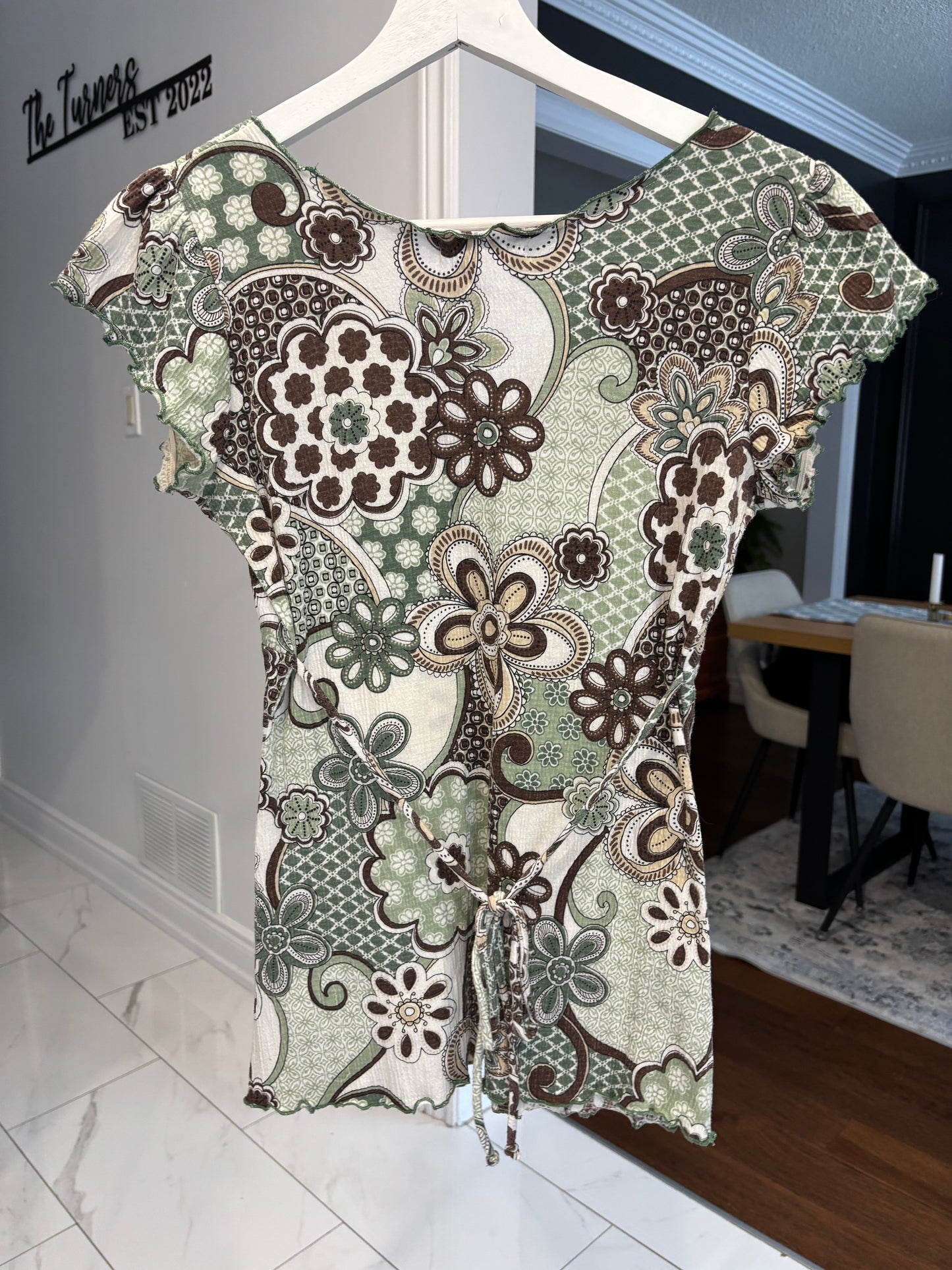 Crochet V-Neck Floral Print Top Size S