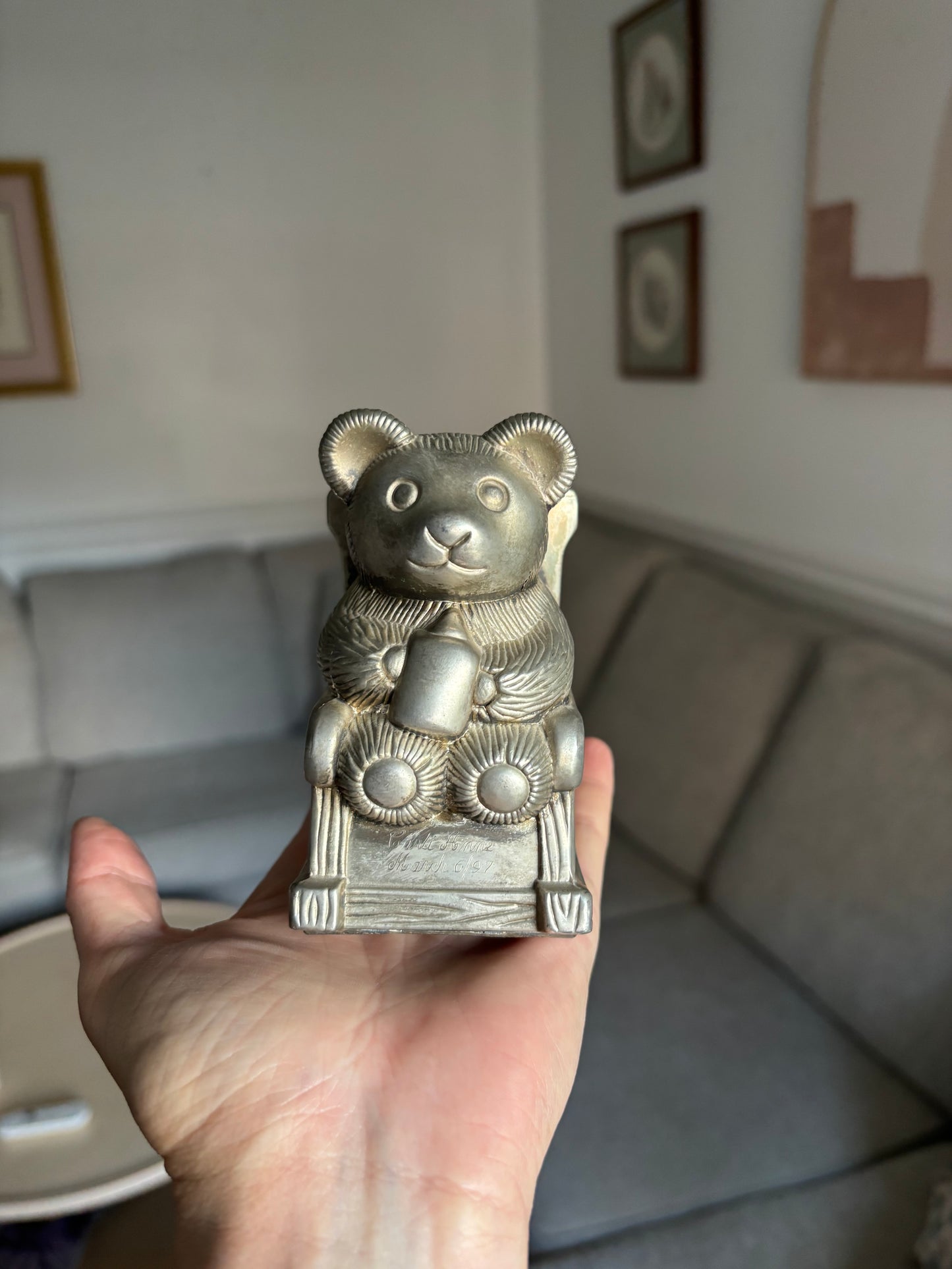 Vintage Silver Plated Rocking Baby Bear Piggy Bank