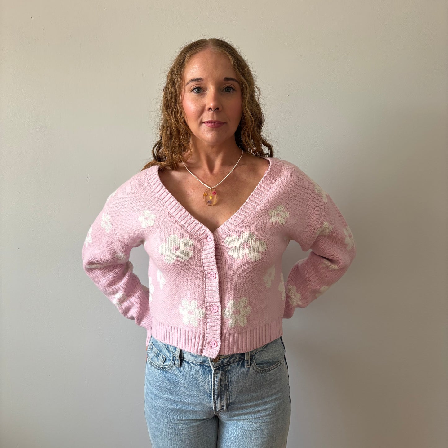 Cute Pink & White flower Cardigan