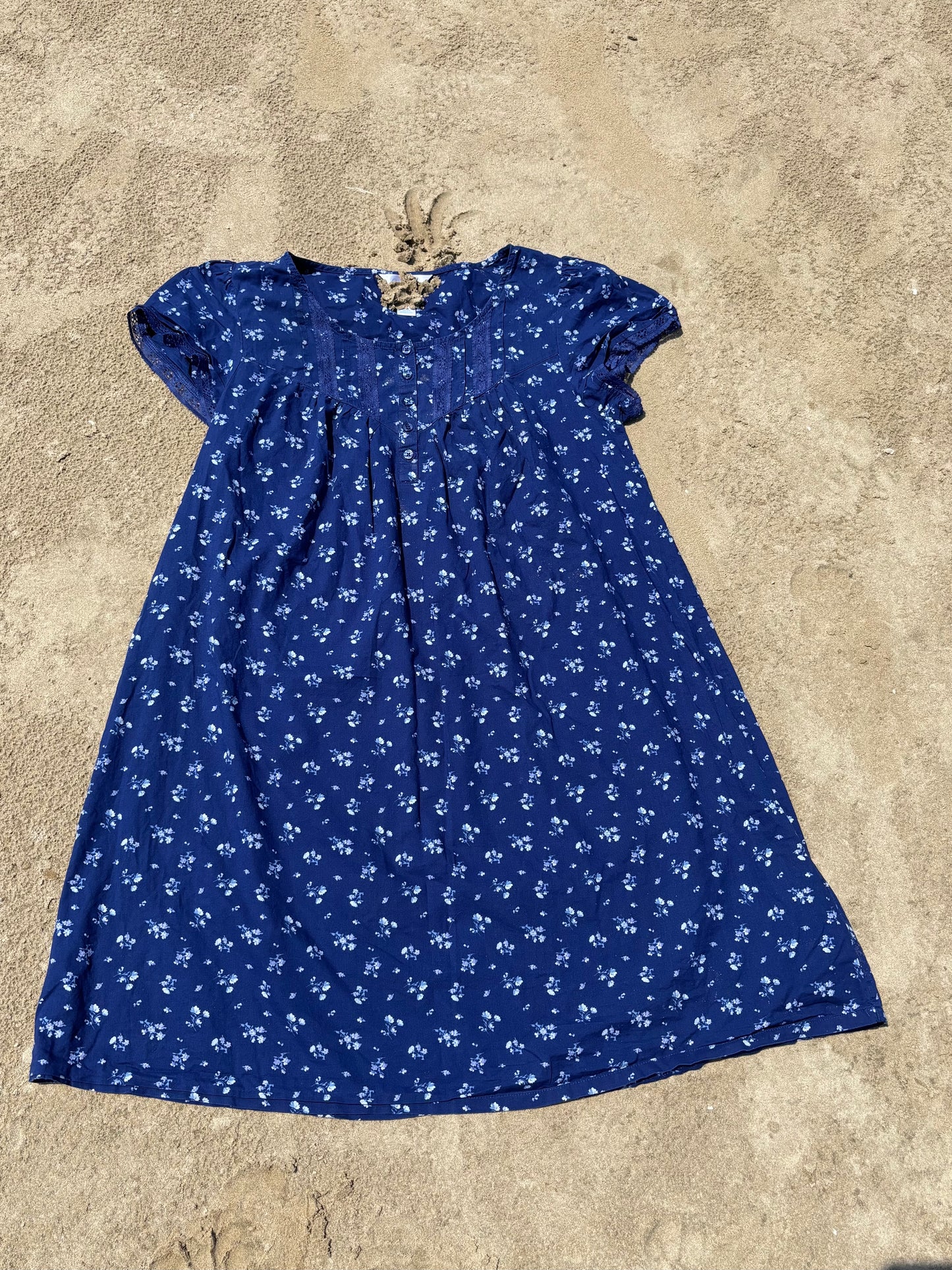 Navy Blue Floral Cotton Nightgown Size M