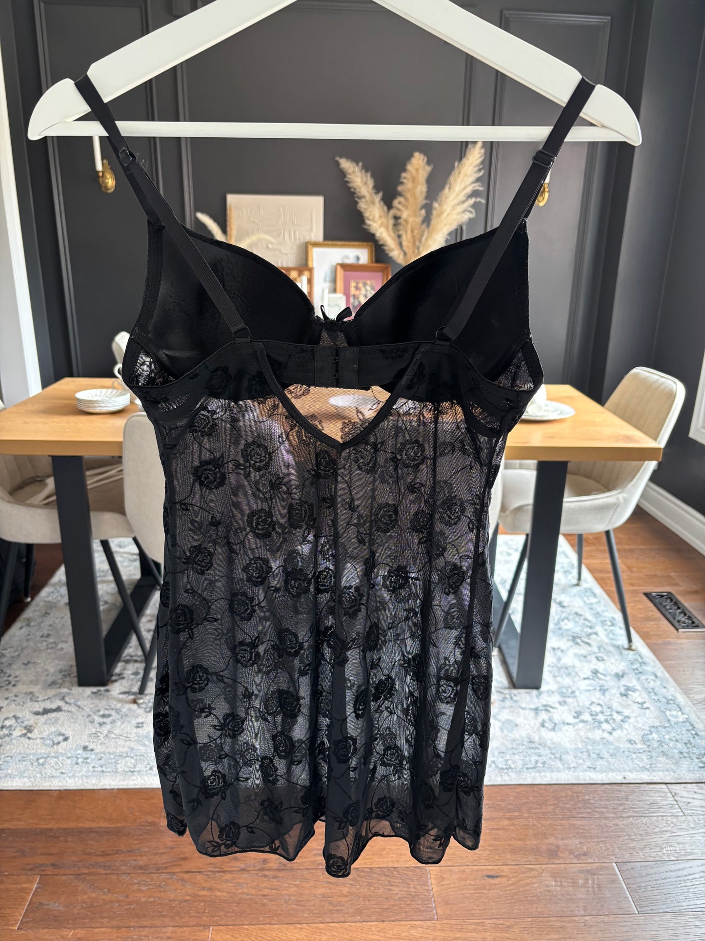 Black Sheer Rose Lace Babydoll Size S