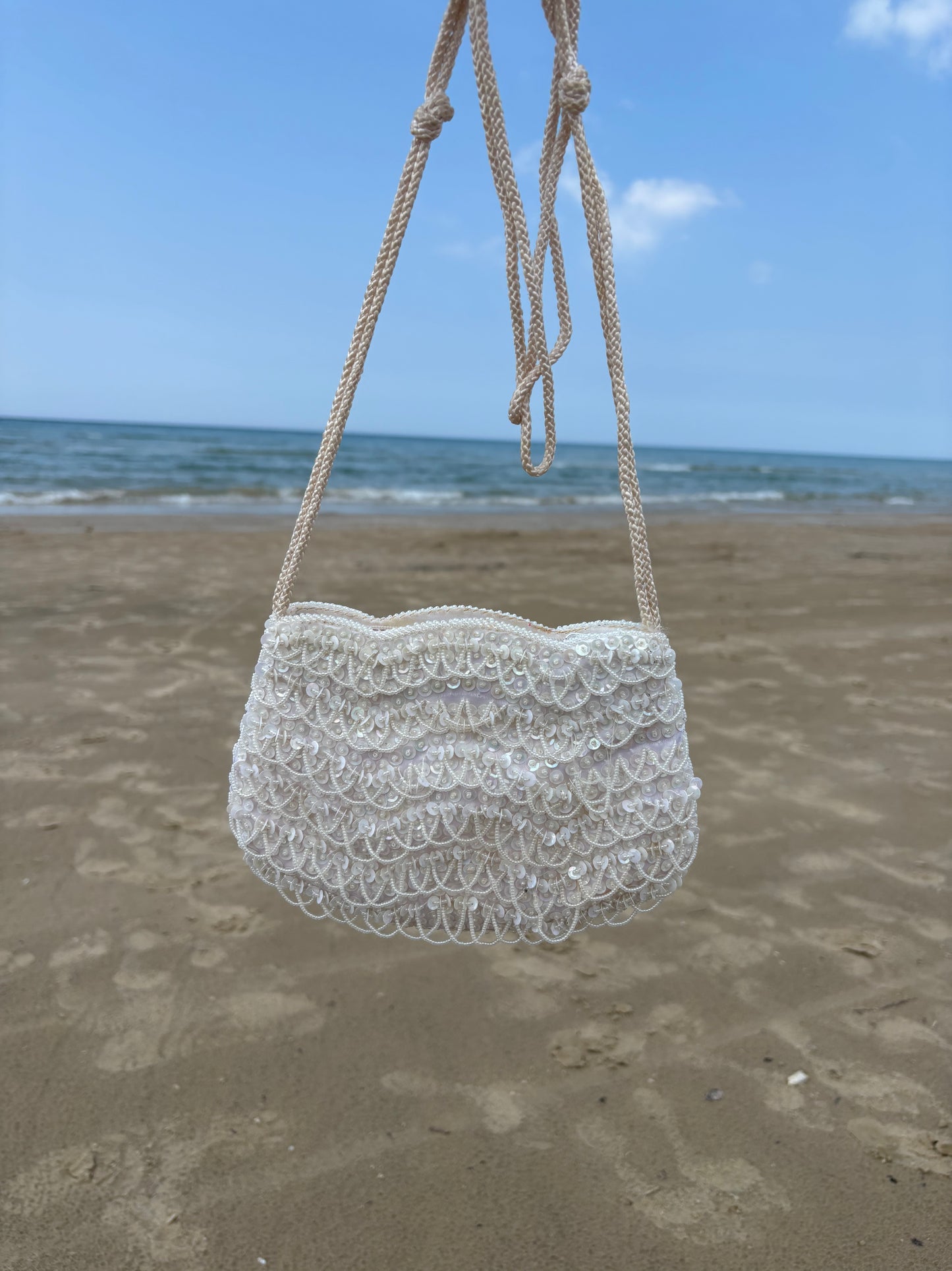 White Sequin Beaded Rope Bag