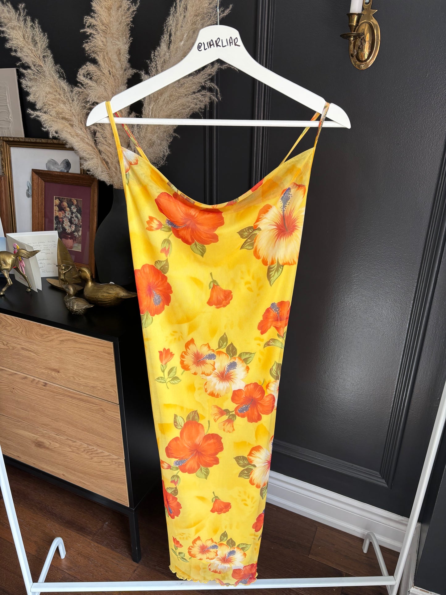 Vintage Long Yellow  Hibiscus Dress Size S