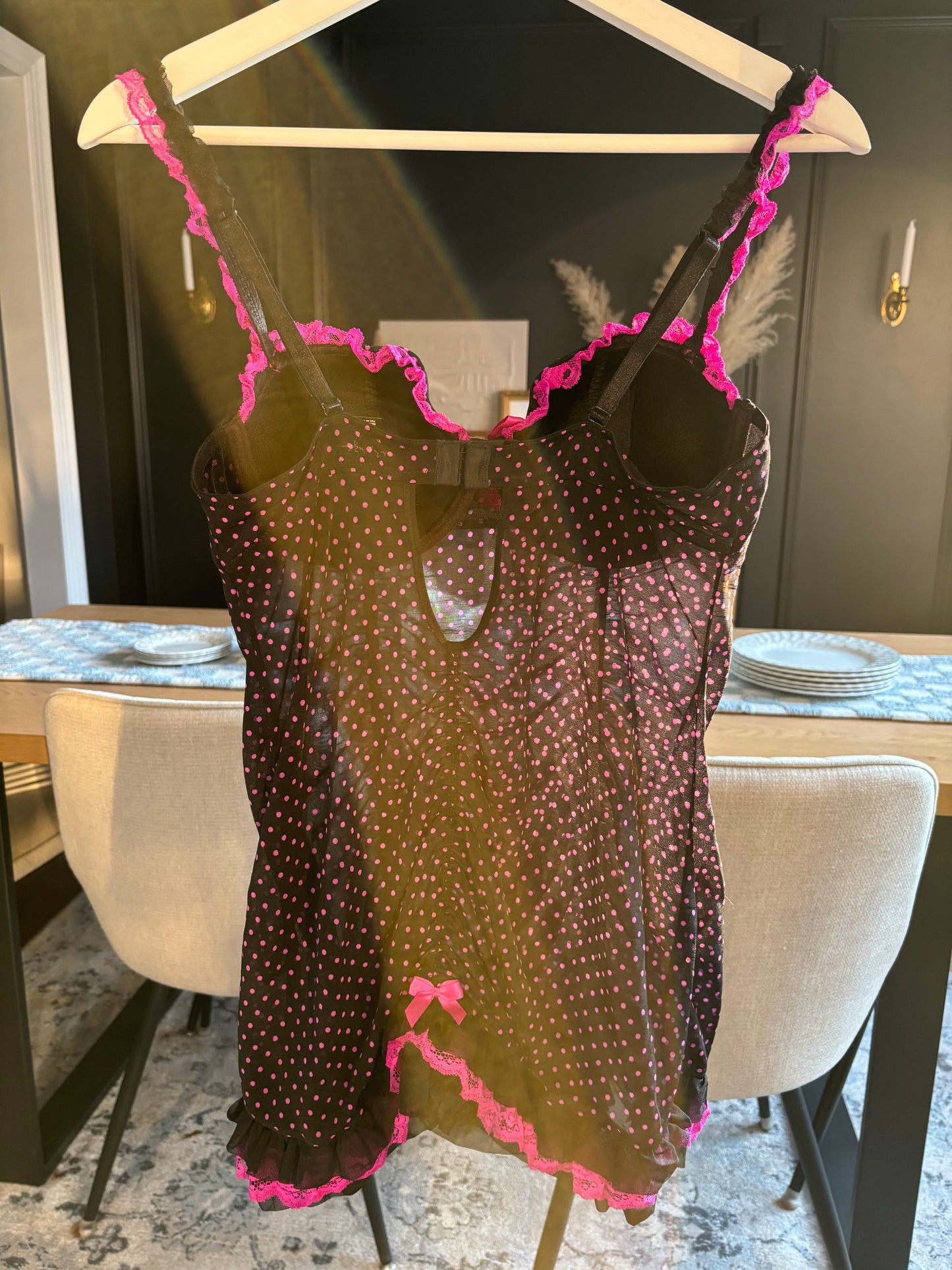 Rouched Black & Pink Polka Dot Babydoll Size L