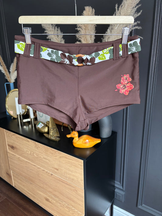 00's Hibiscus Chocolate Brown Swim Shorts Size XL