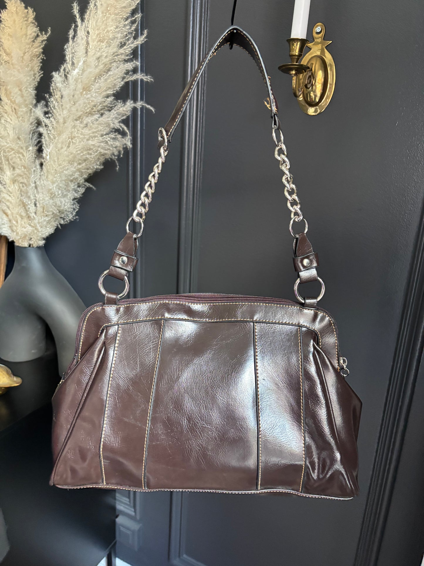 Brown Stitched Detail Shoulder Bag