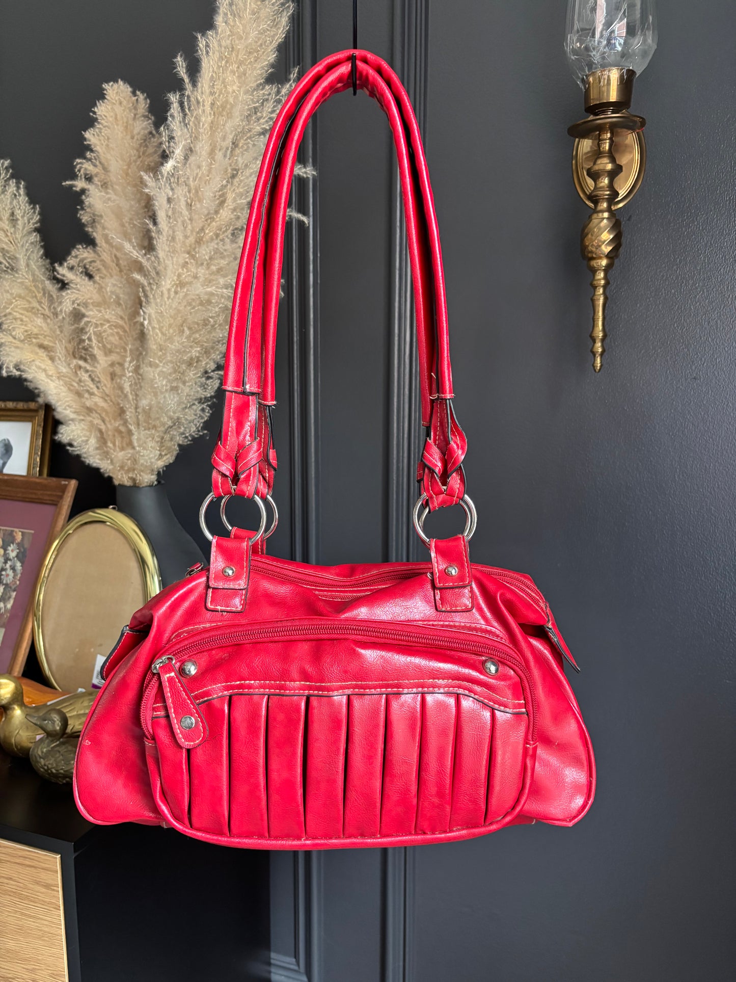 Red Shoulder Bag With White Stitch