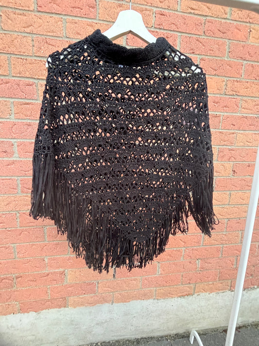 Black Fringe Knit Cape Size OS