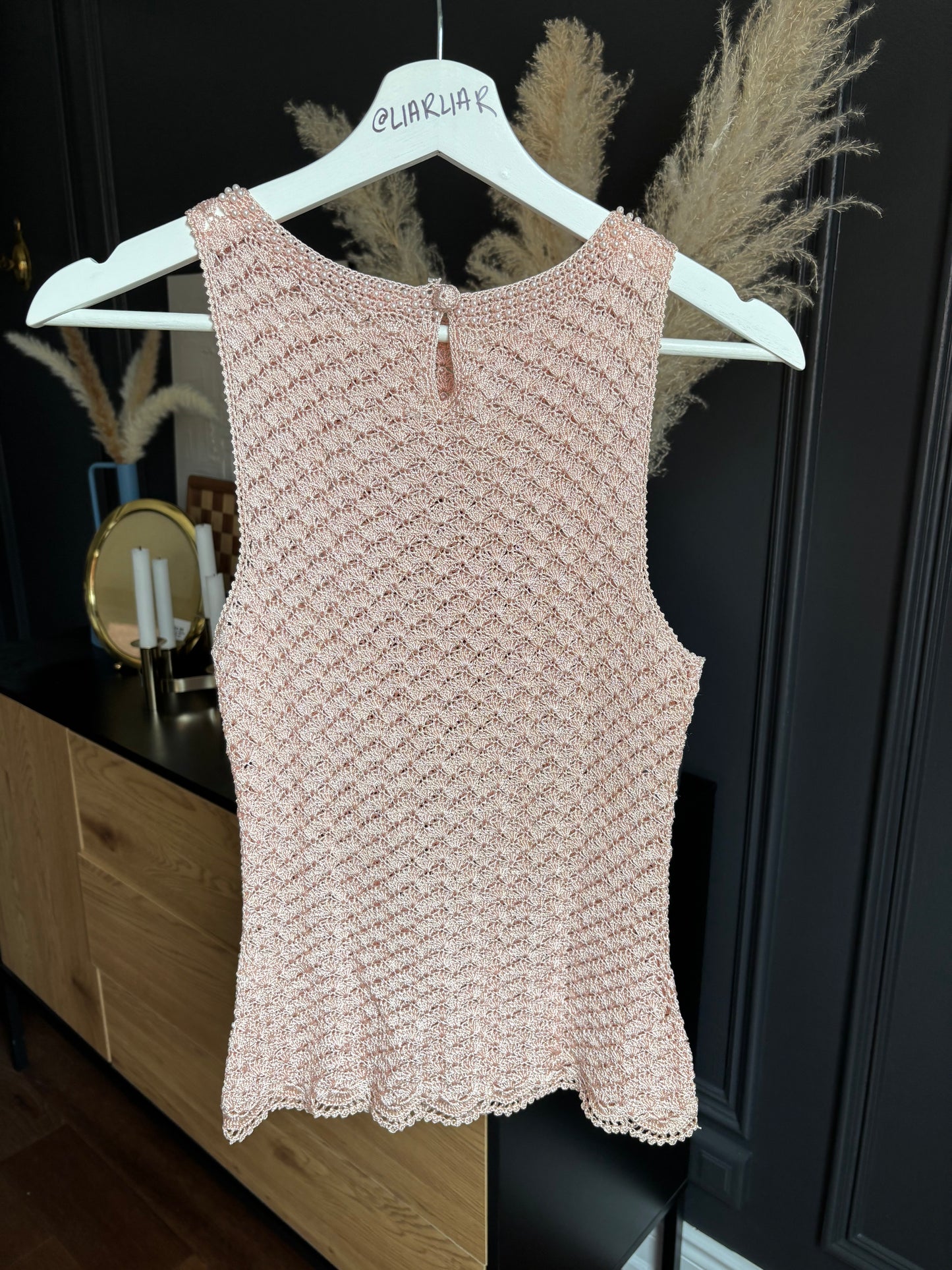 Vintage Sleeveless Crochet & Pearl Top Size L