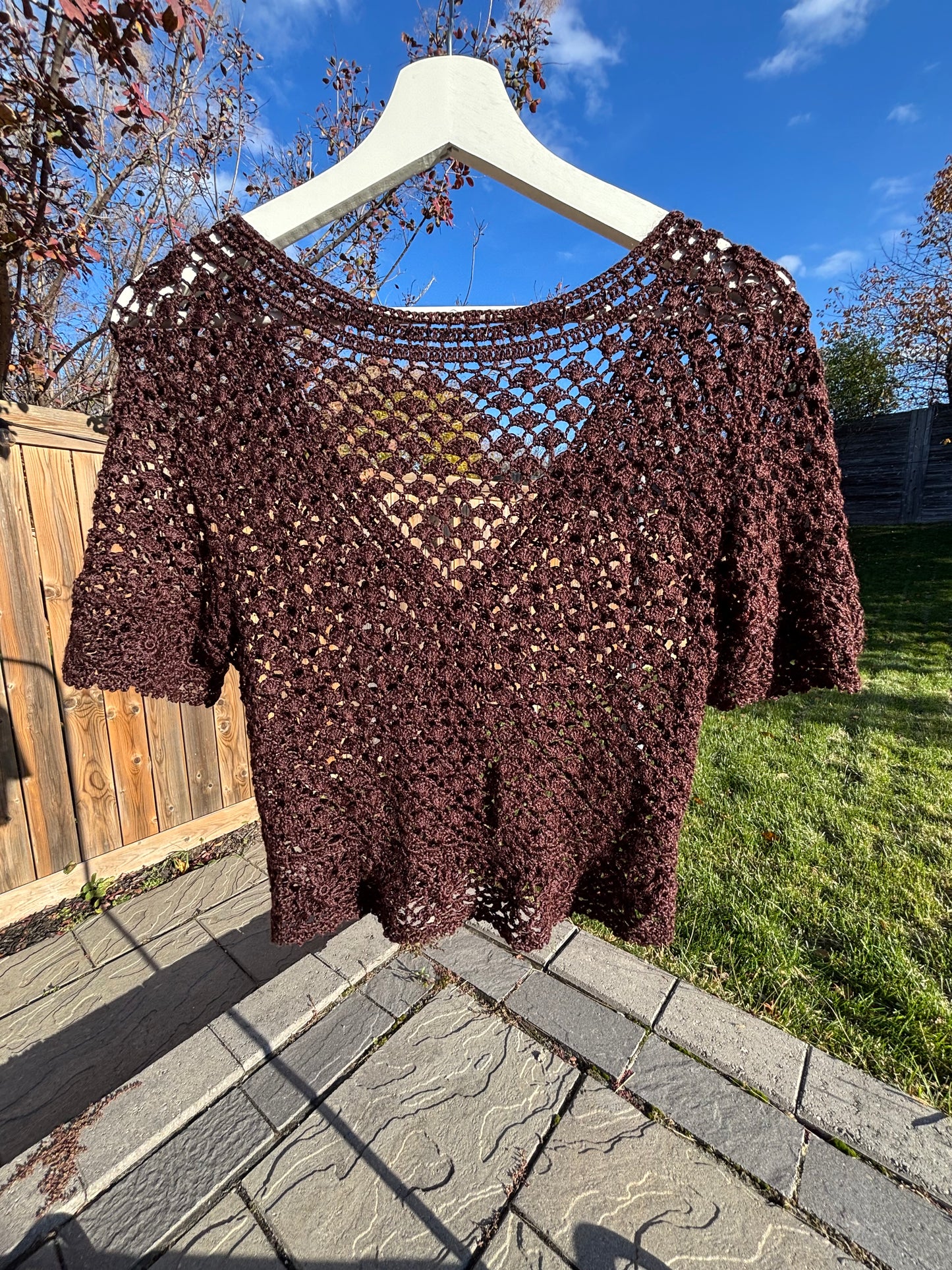 Chocolate Cropped Crochet Cardigan Fits M