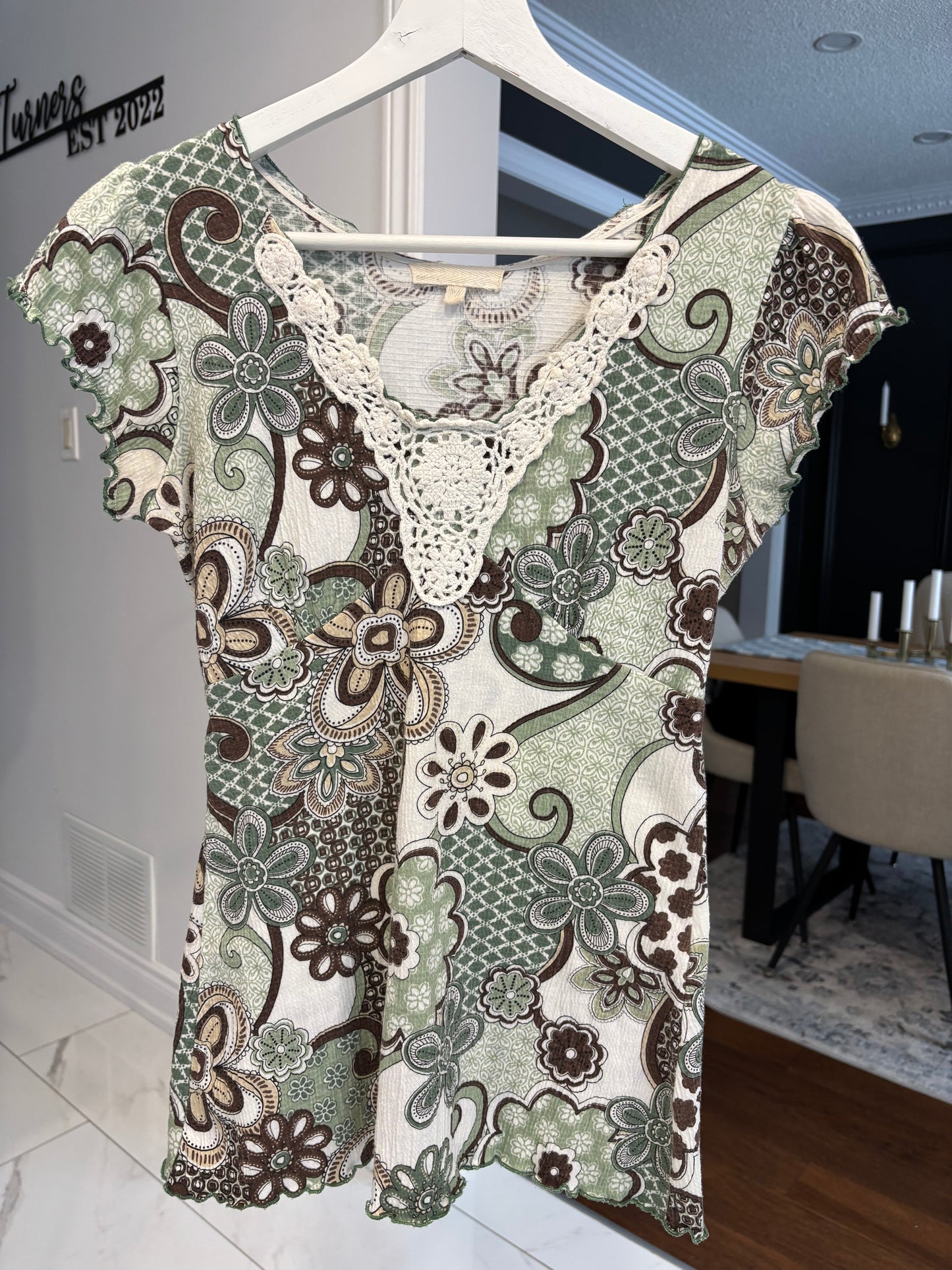 Crochet V-Neck Floral Print Top Size S