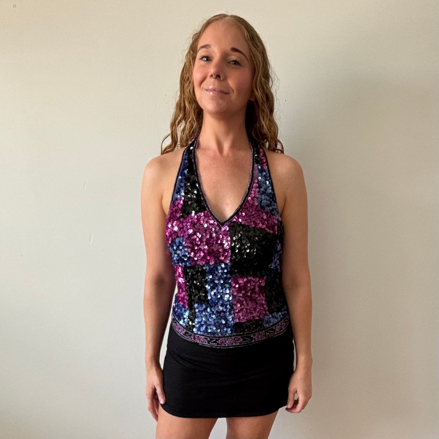 Sequin Beaded Cropped Halter Top