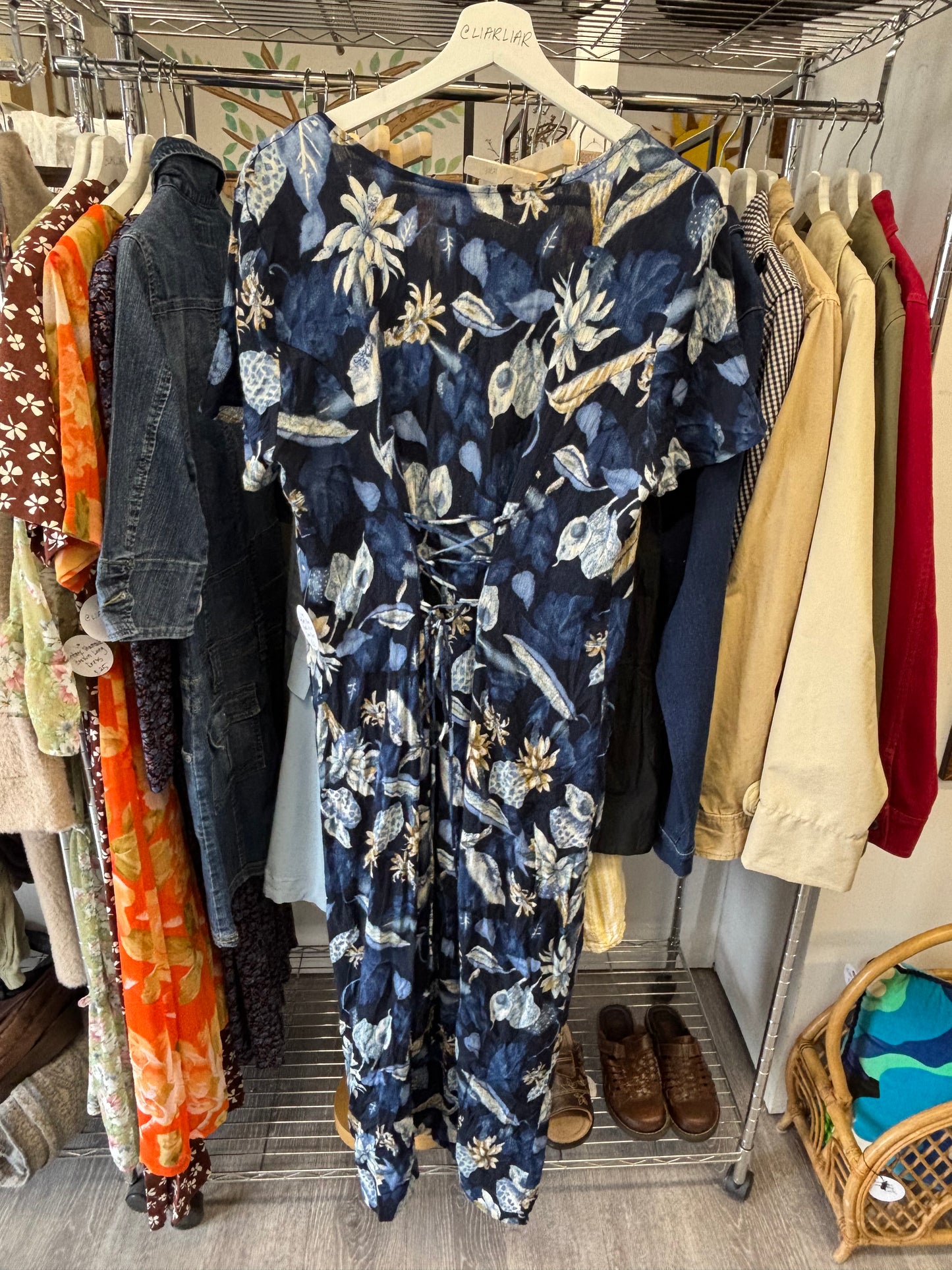 Vintage Blue Print Ankle Length Dress Size L