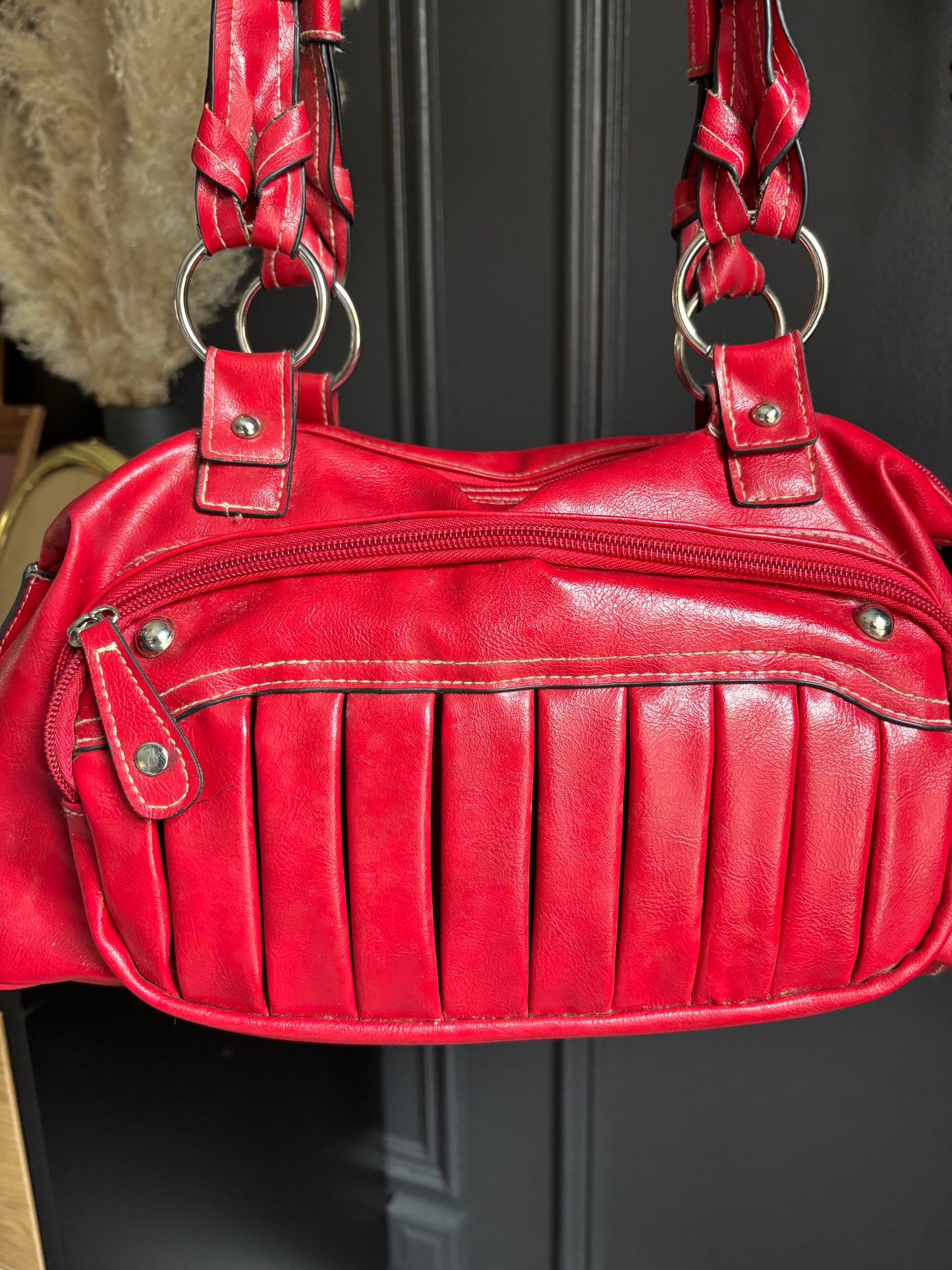 Red Shoulder Bag With White Stitch