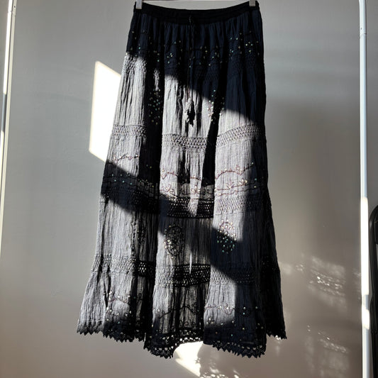 Black Vintage Boho Sequin Maxi Skirt