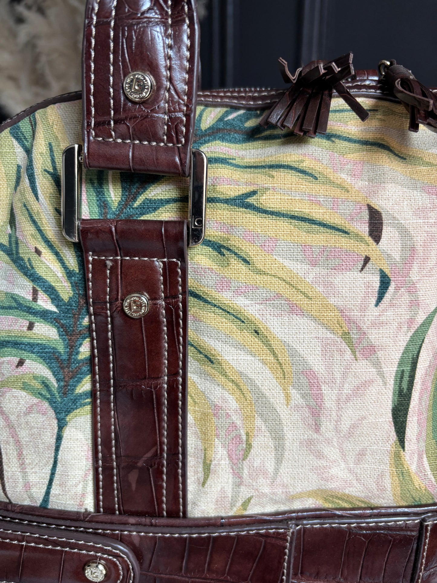 Tropical Canvas and Brown Faux Leather Shoulder Bag