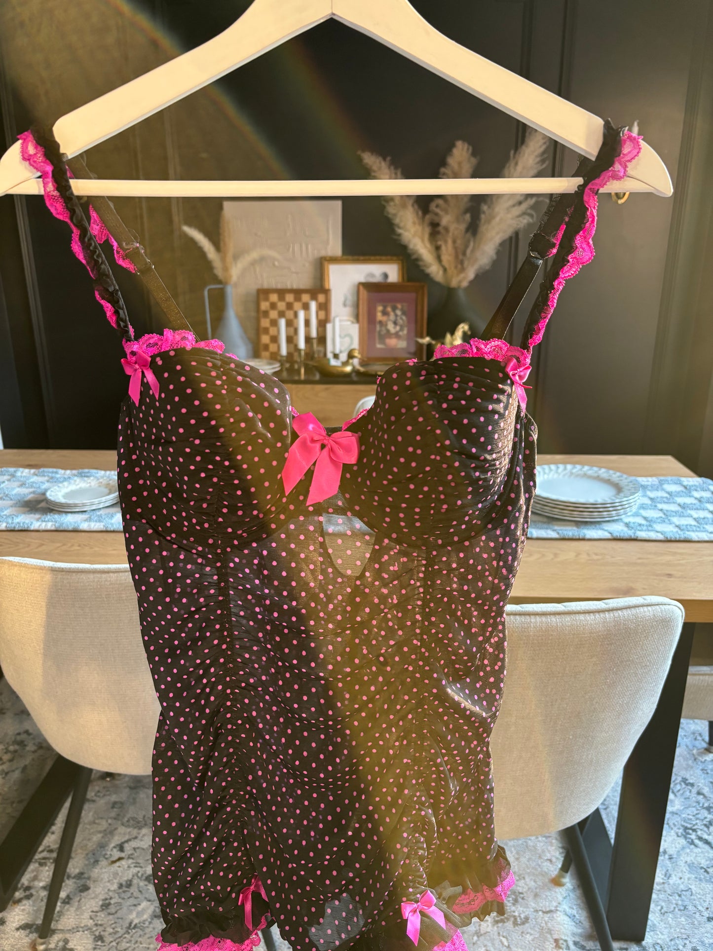 Rouched Black & Pink Polka Dot Babydoll Size L