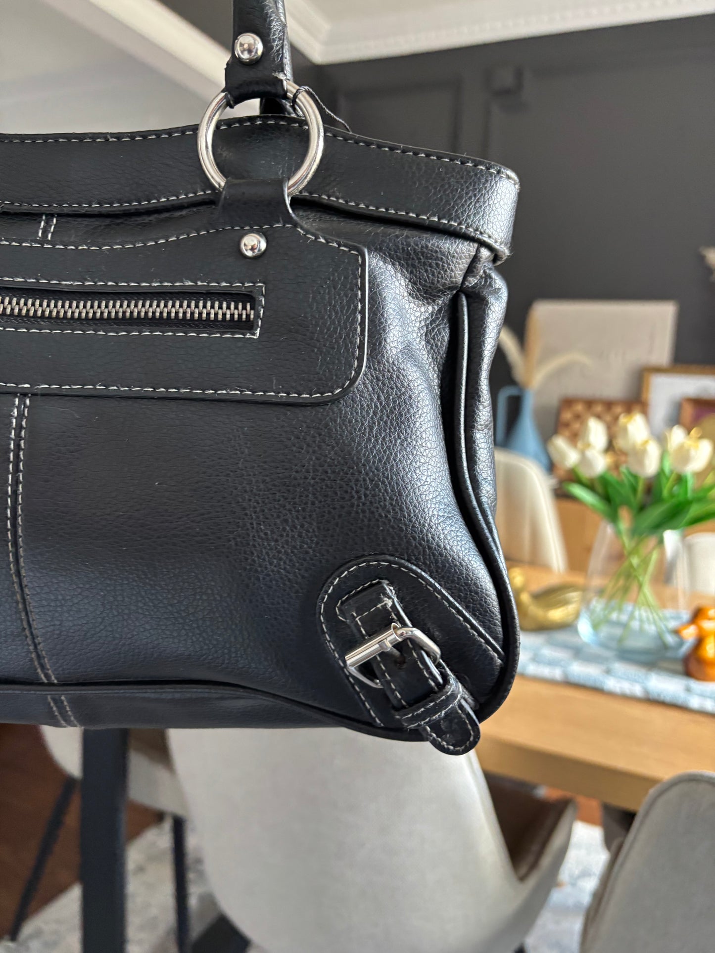 Black, White Stitch Buckle Shoulder Bag