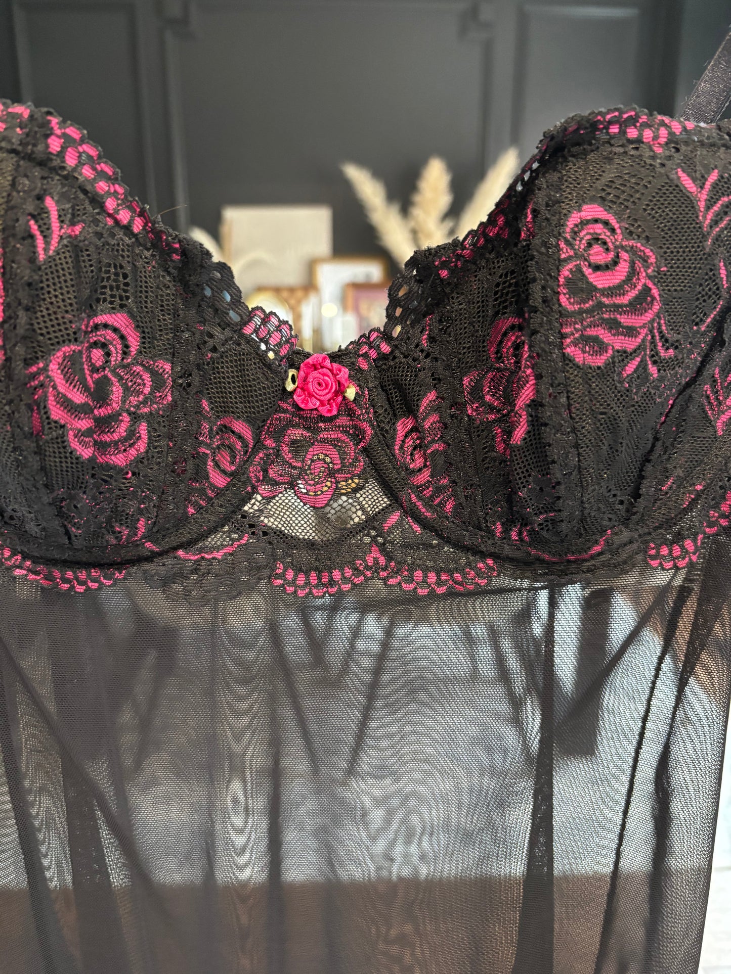 Sexy Black & Pink Rose Babydoll Size L