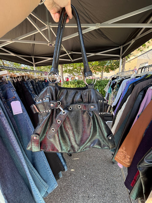 Black Leather Belted Shoulder Bag