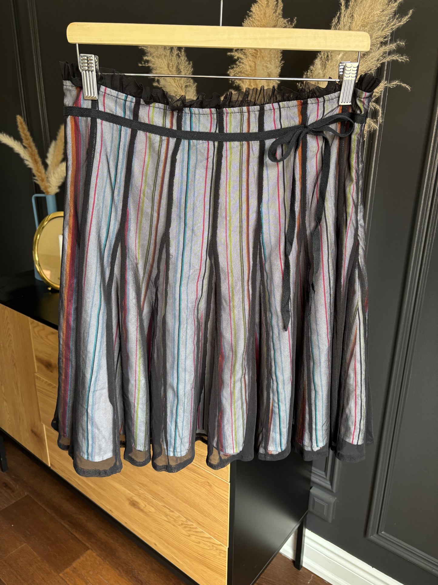 Colourful Striped Skirt With Black Sheer Overlay Size M
