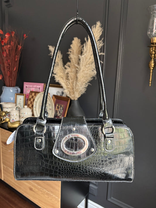 Black Shiny Faux Croc Y2K Shoulder Bag
