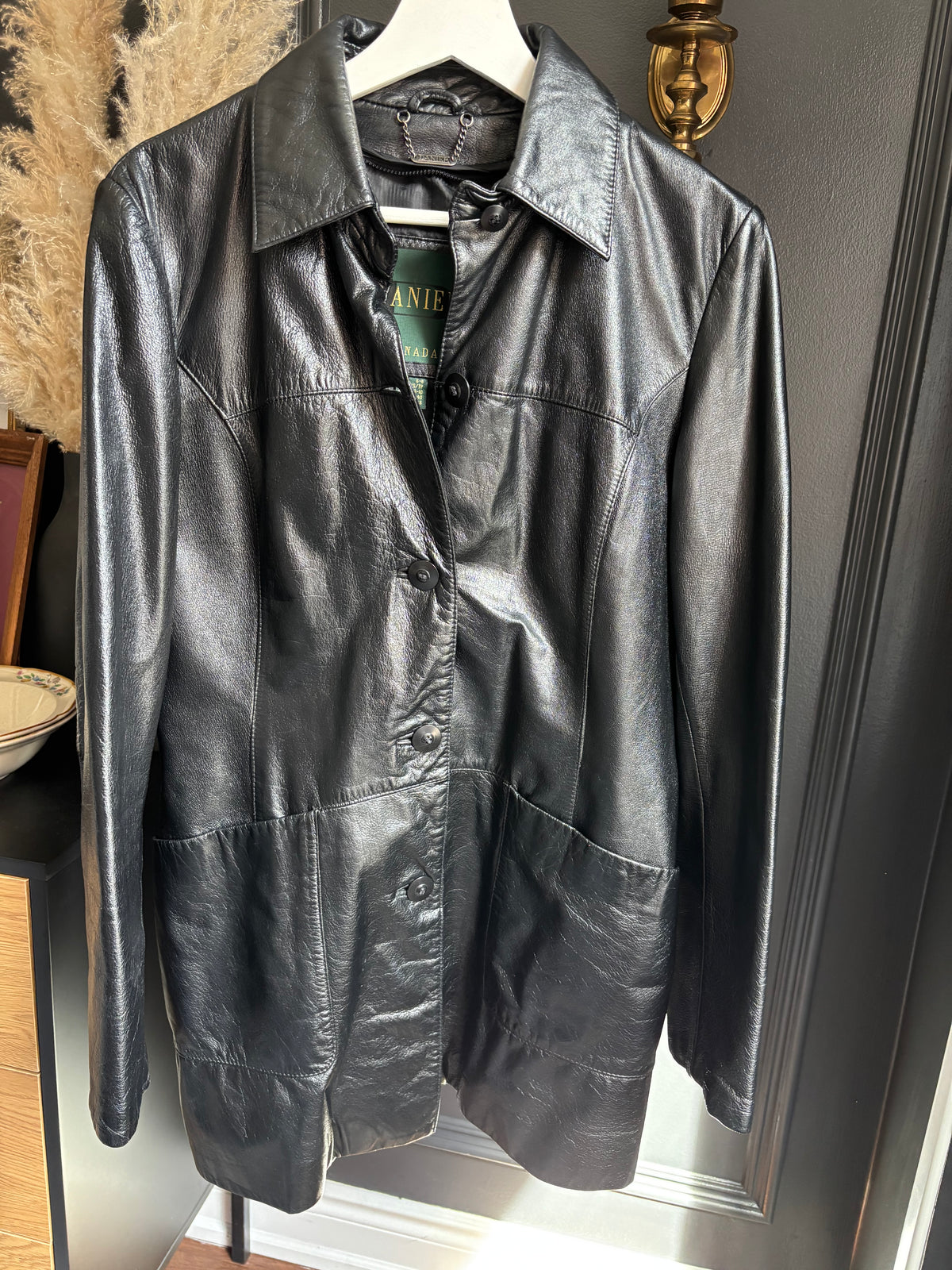 Black Leather Long Dainer Jacket Size XS