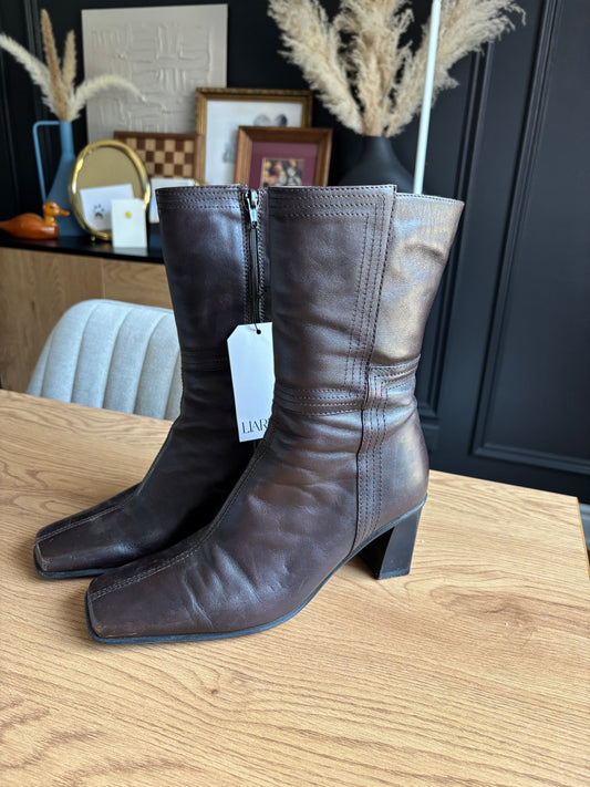 Brown Leather Square Toe Boots Size 38