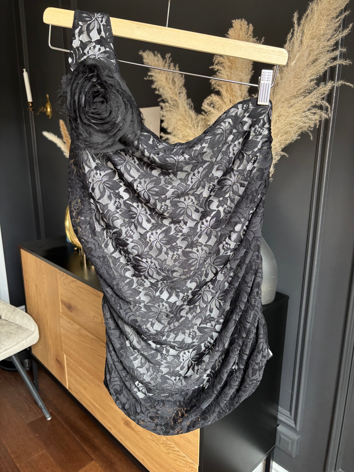 Black Lace One Shoulder Rouched Top Size XL