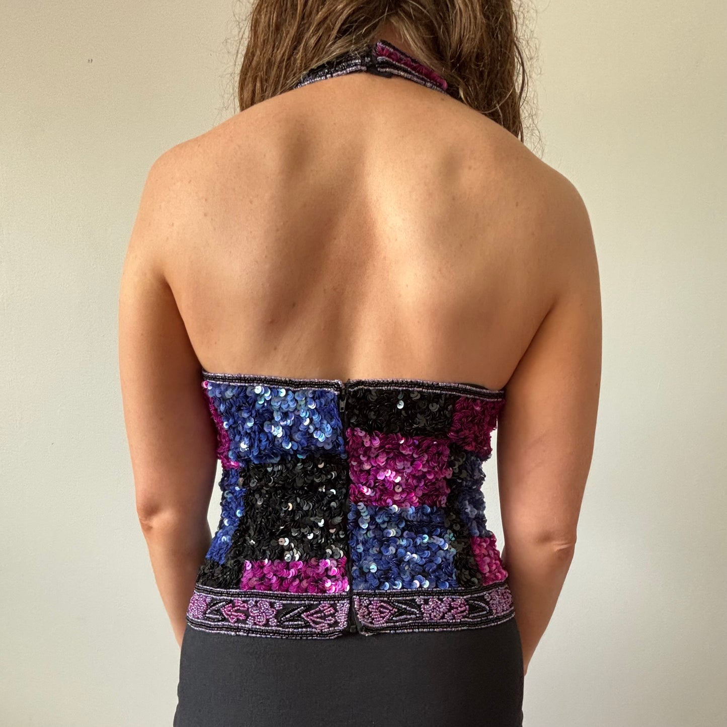Sequin Beaded Cropped Halter Top