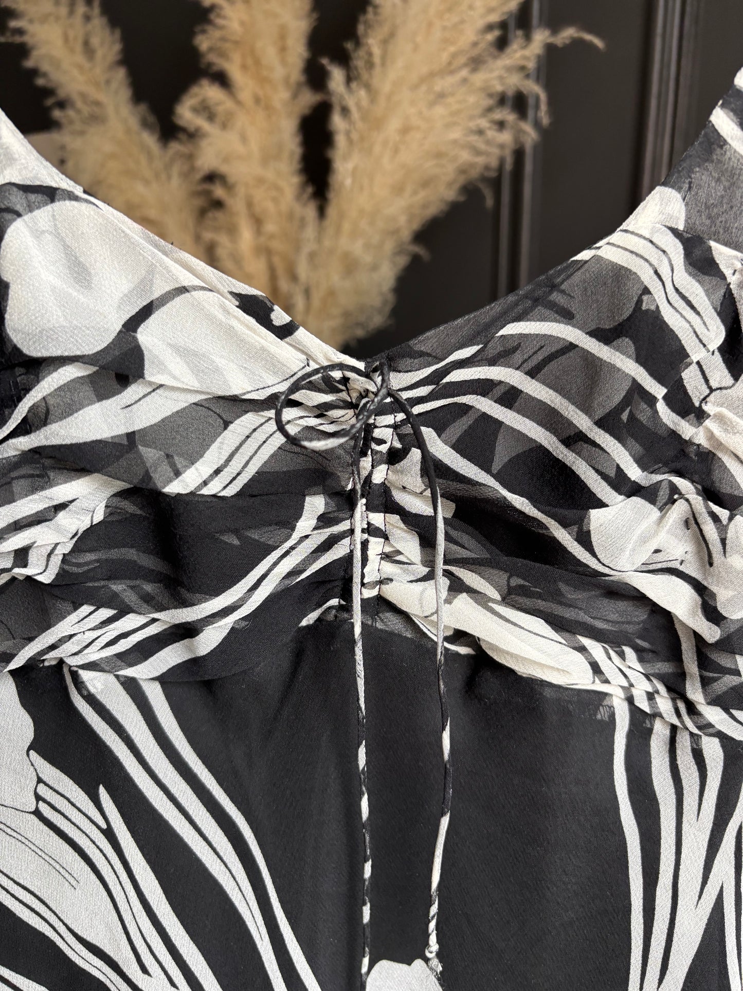 Long Vintage Silk Black & White Print Dress Size 8