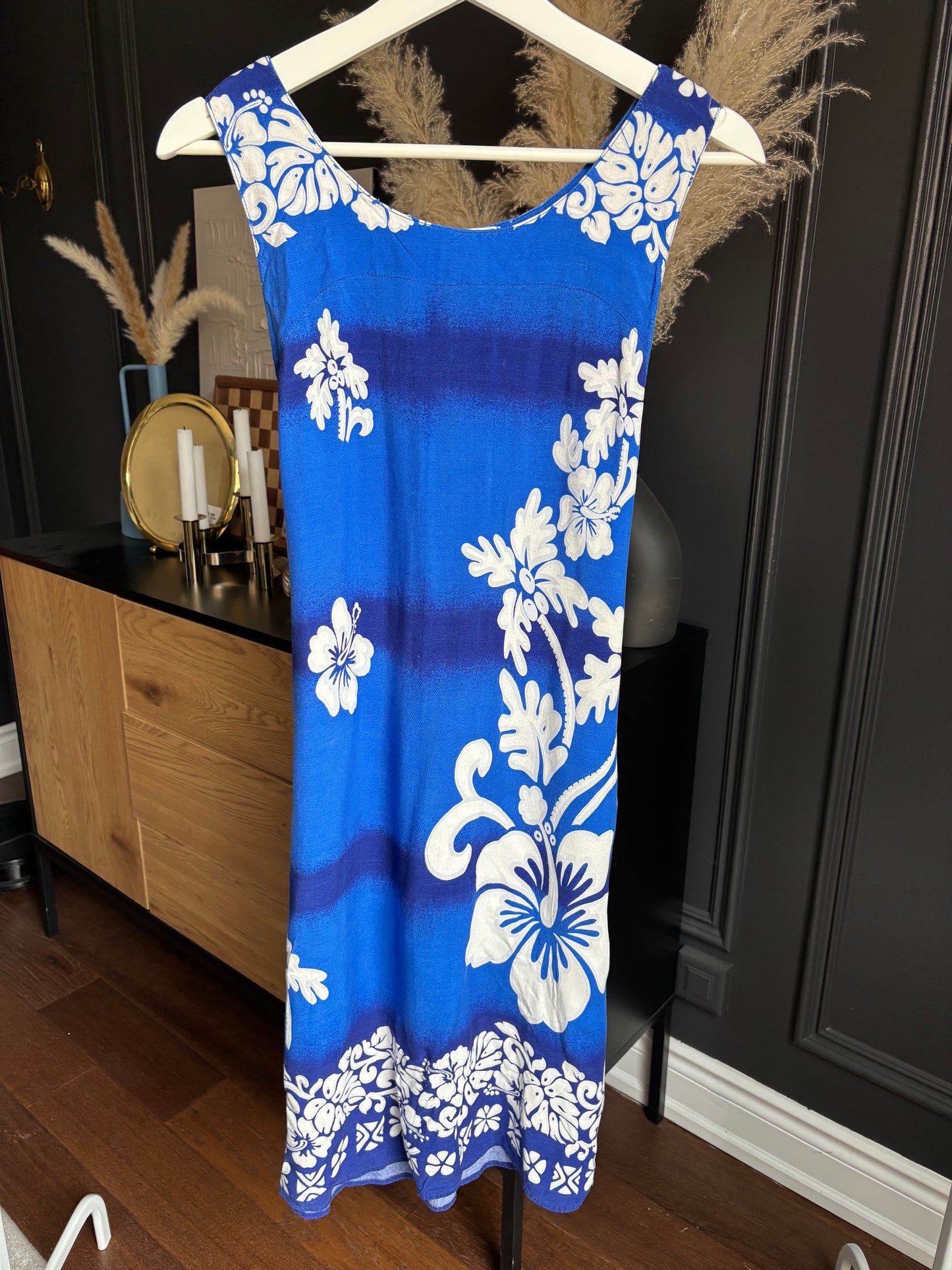 90's Blue Hibiscus Knee Length Beach Dress Size S