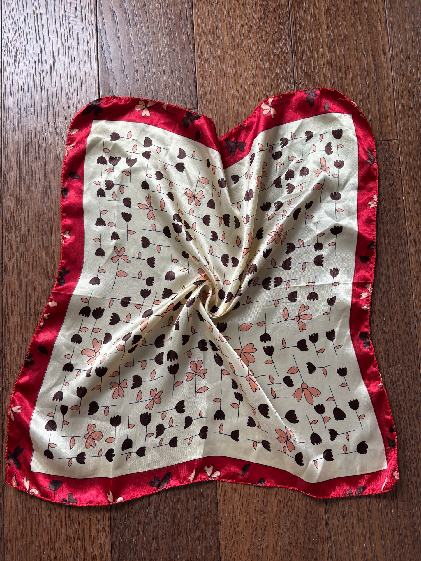 Red Trim Floral Satin Scarf