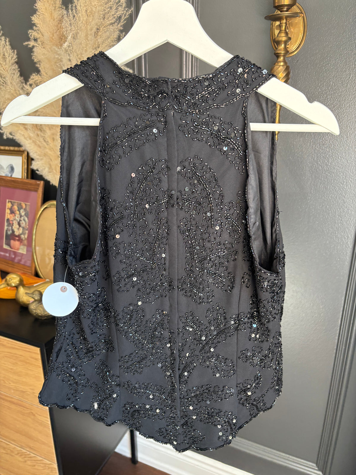 Vintage Sleeveless Black Beaded Top Size M