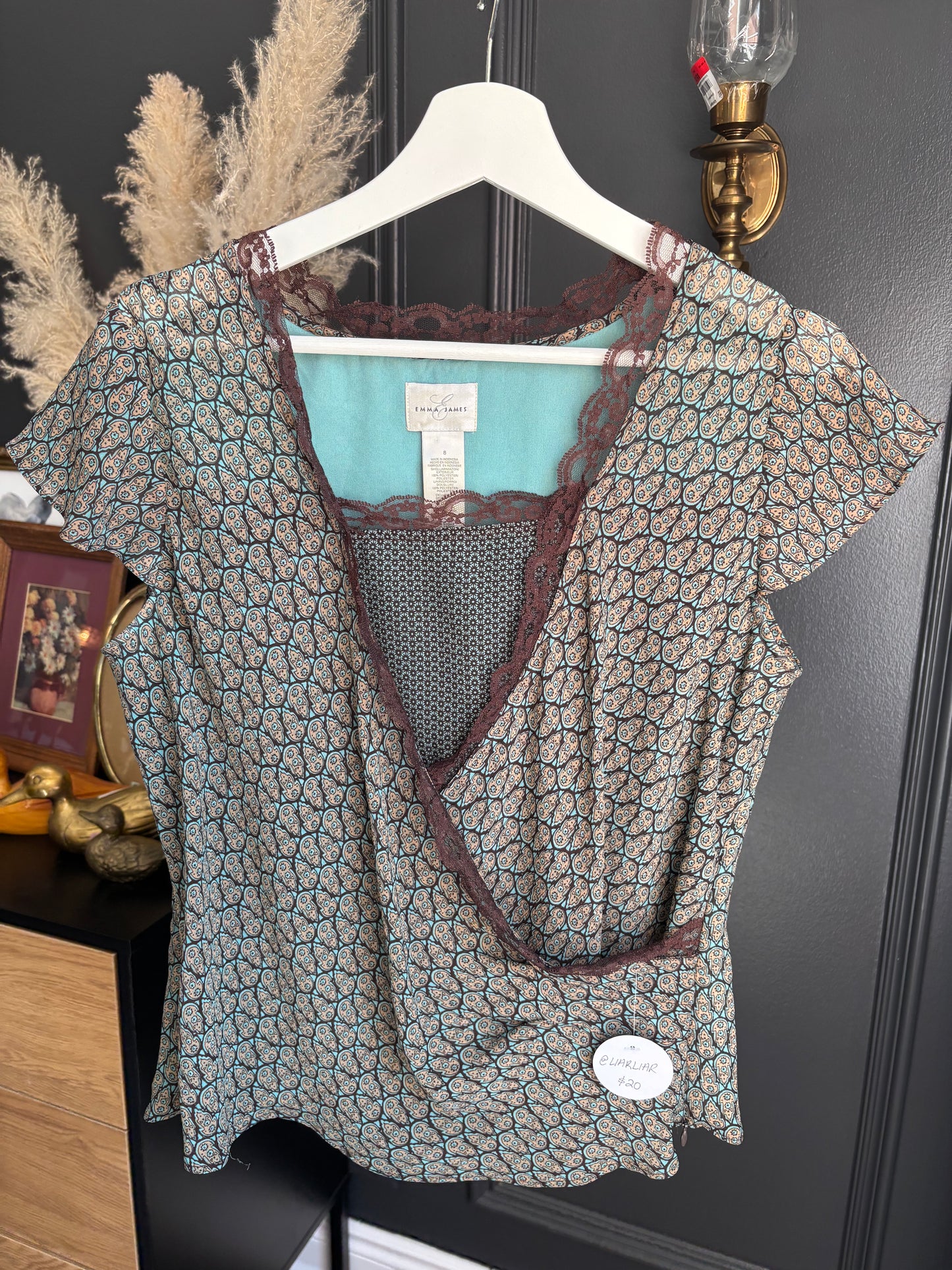 Brown Lace Trim Wrap Top Size S