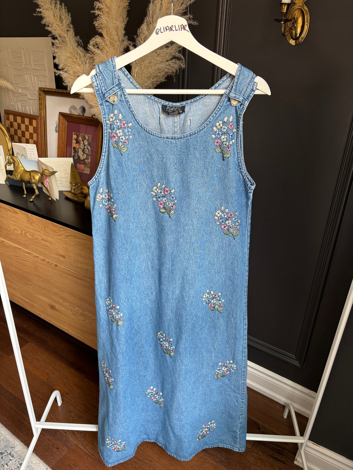 Long Floral Embroidered Sleeveless Denim Dress Size L