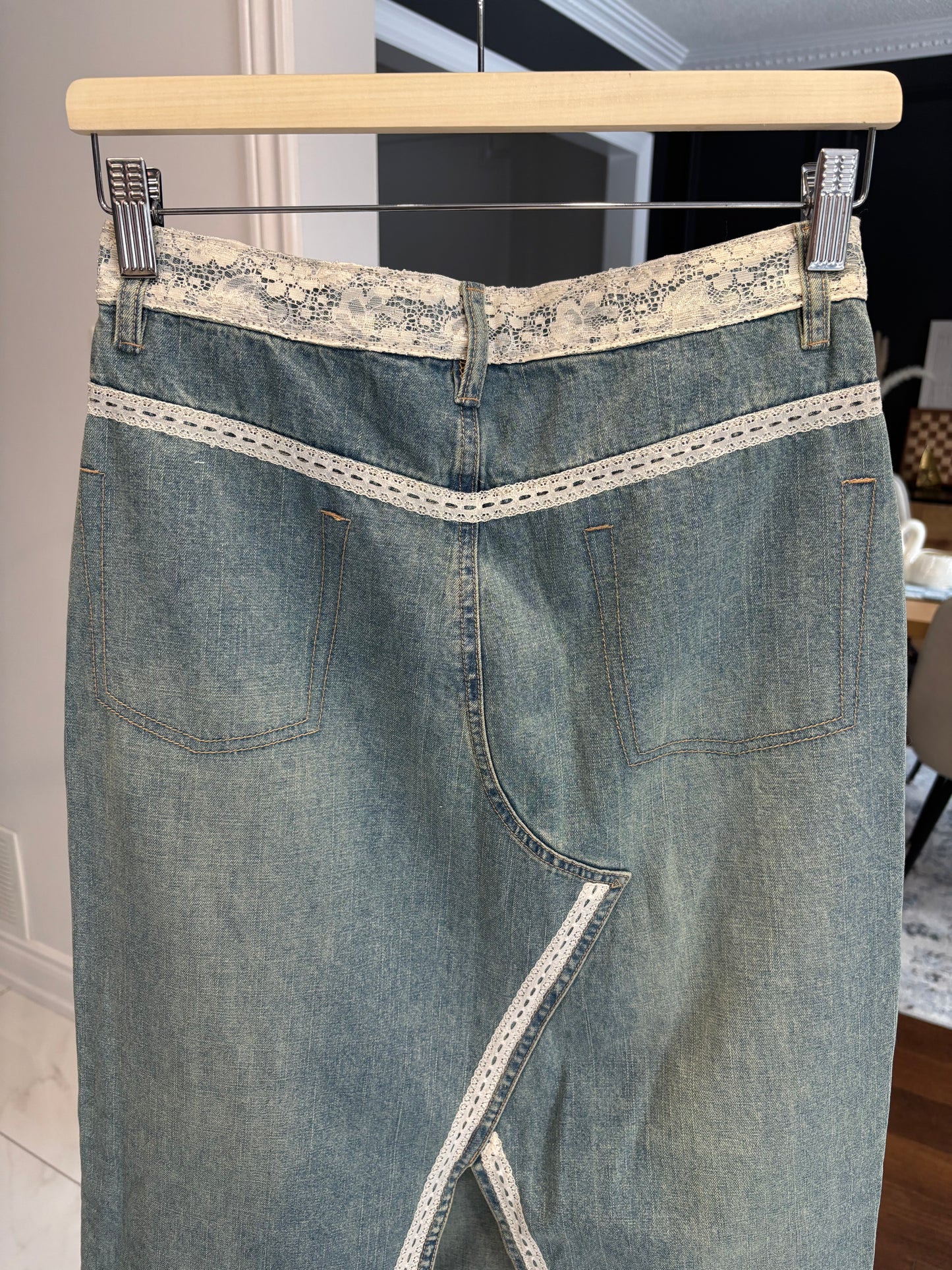 Lace Detail Long Denim Skirt Size 5