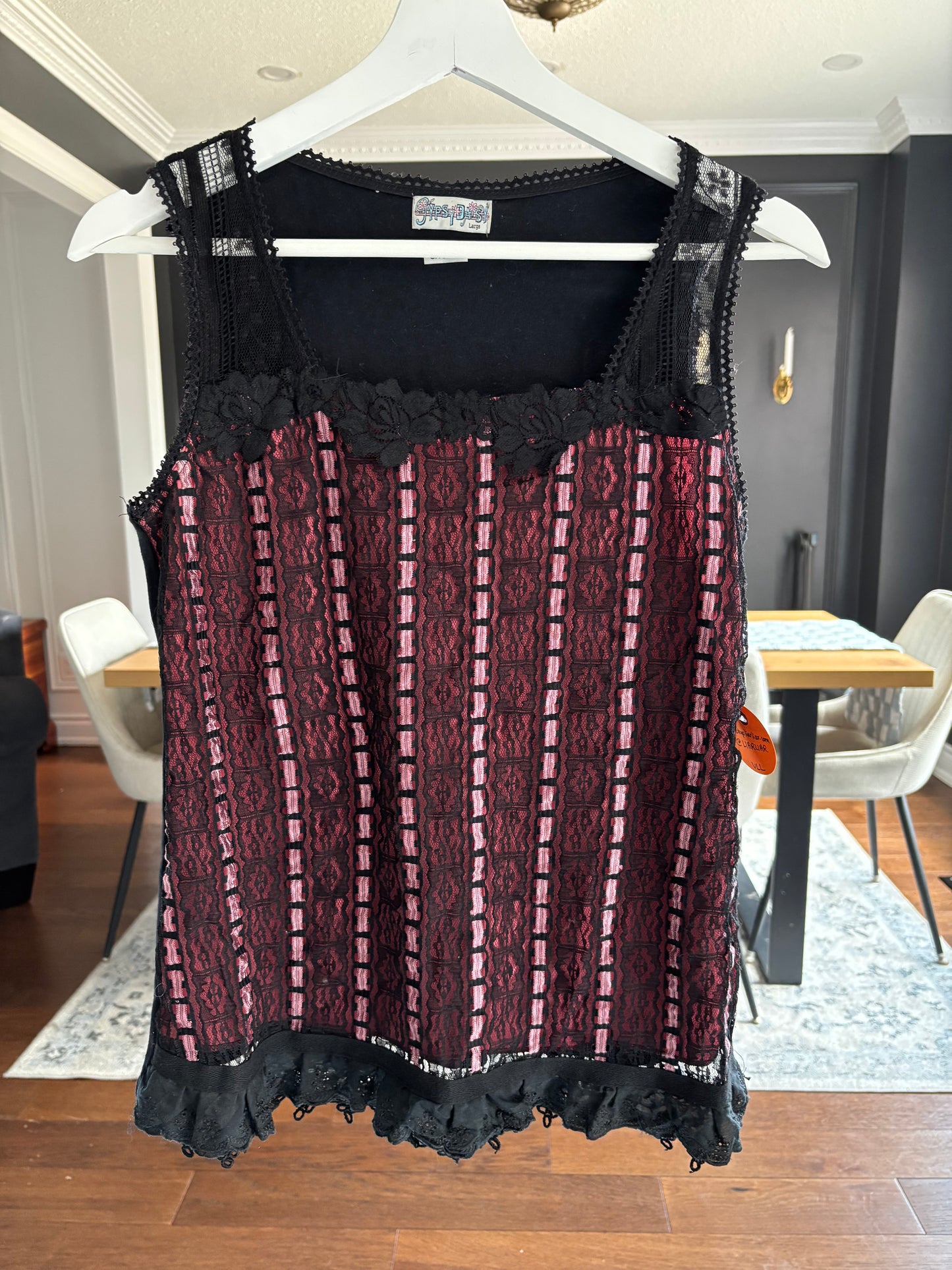 VIntage Black & Pink Lace Detail Tank Size L