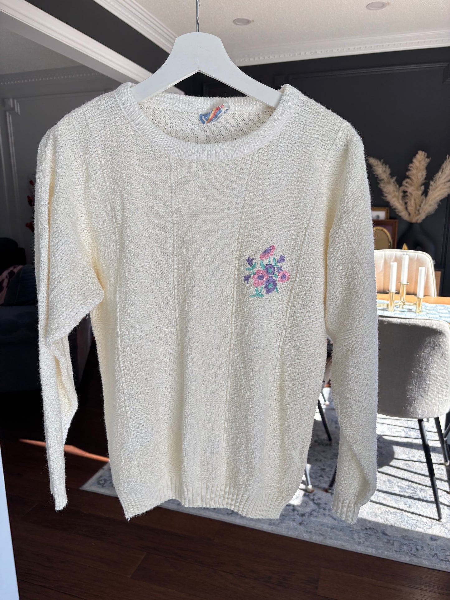 Vintage Cream Knit Flower Sweater Size S
