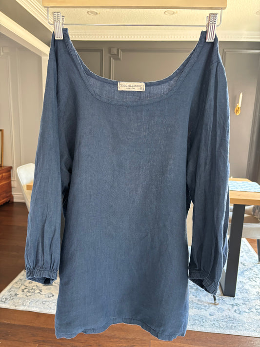 Made In Italy Navy Blue Linen Top Size M