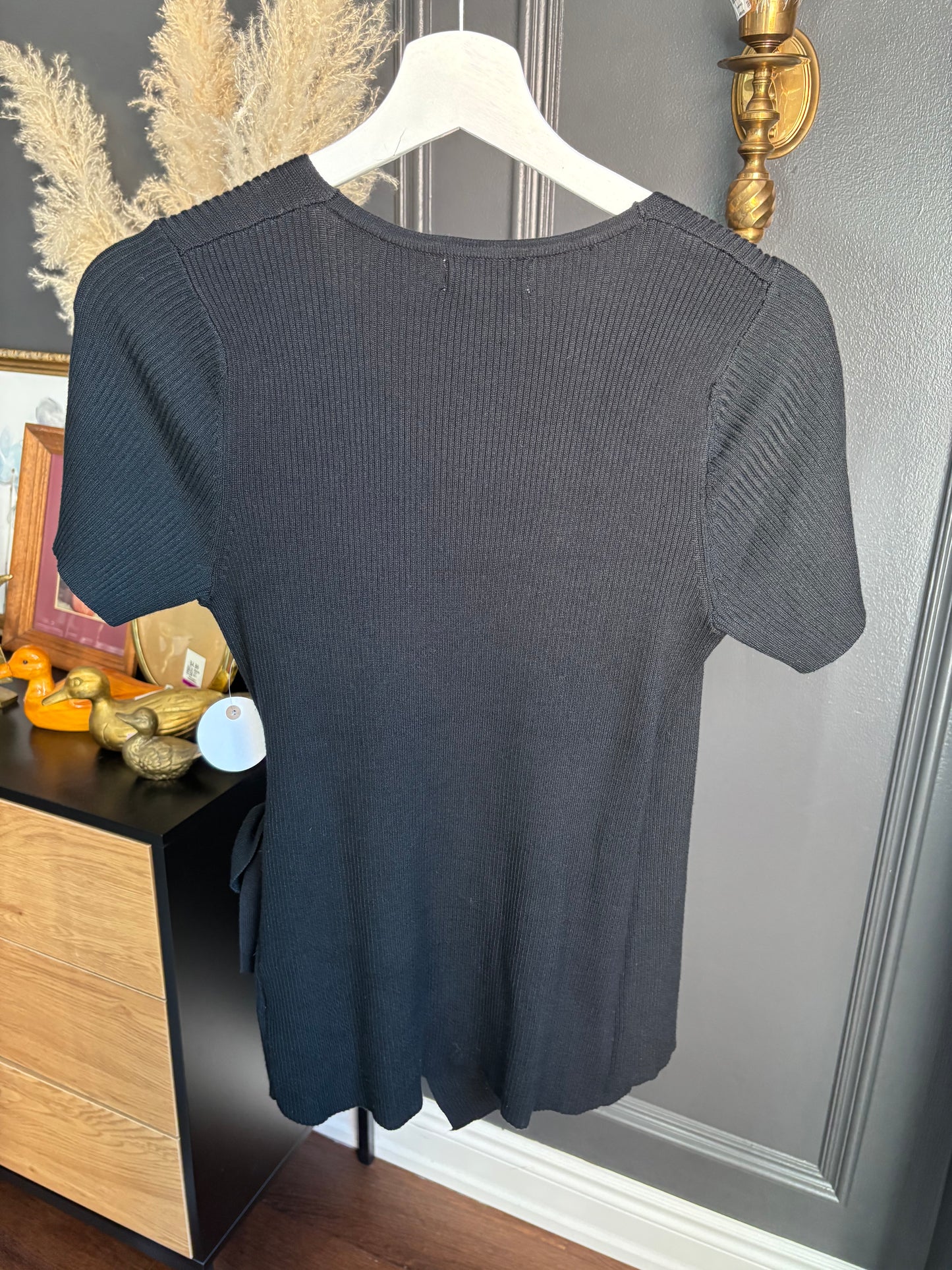 Black Ribbed Knit Wrap Top Size M