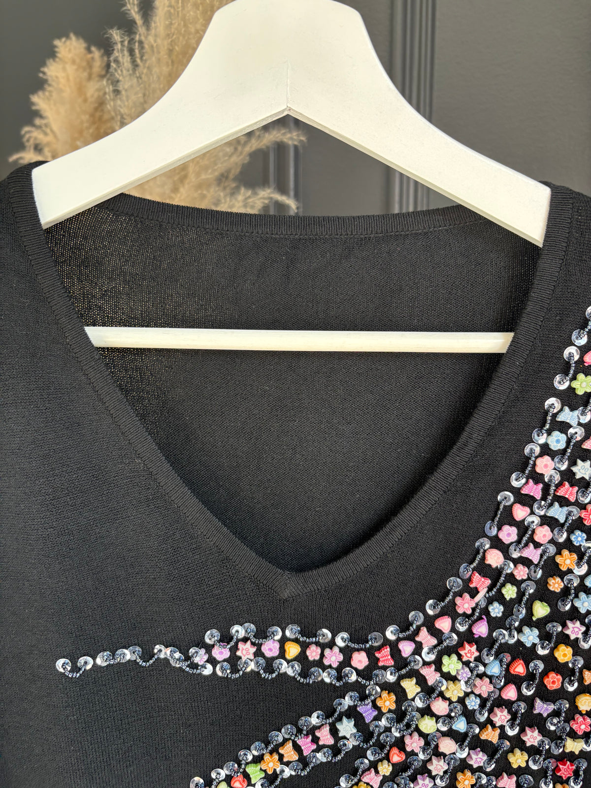 Black Fine Knit Beaded Long Sleeved Top Size M