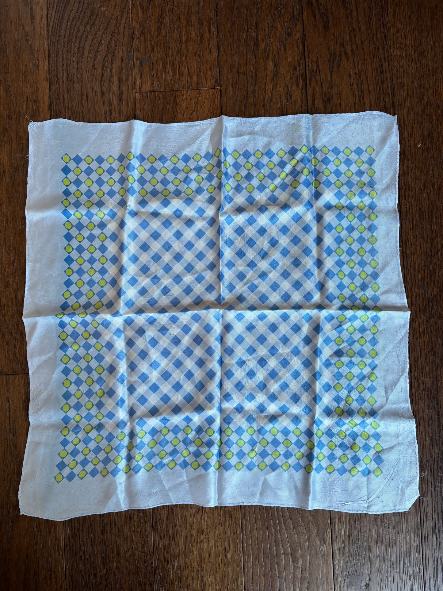 Vintage Blue Gingham Print Satin Square Scarf